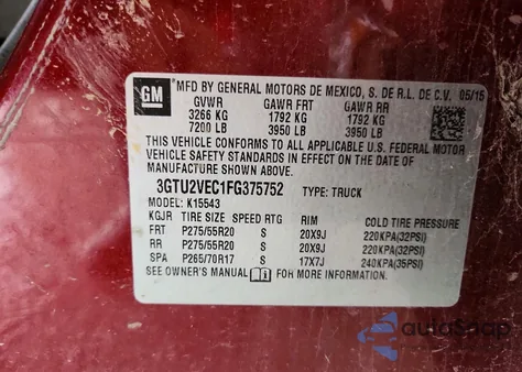 2015 GMC Sierra K1500 Slt z USA, uszkodzony, nr VIN 3GTU2VEC1FG375752